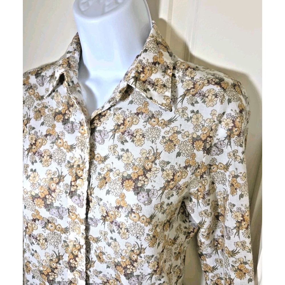 Vintage 1970s JH Collectibles Neutral Floral Button Up Shirt Woven Single Stitch